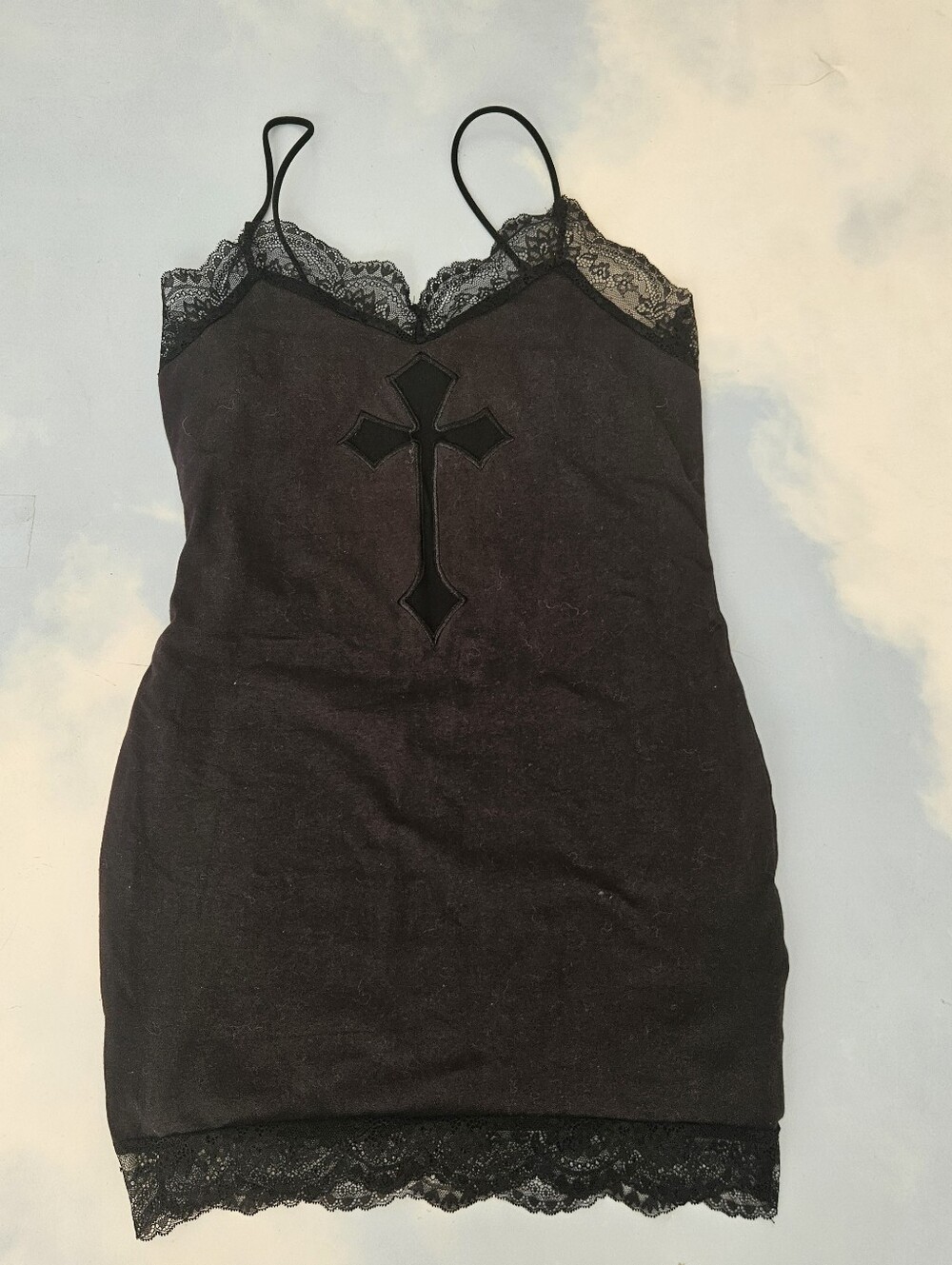 Black Lace-Trim Slip Dress with Cross Detail